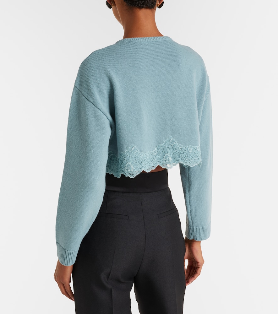 Lace-trimmed cropped virgin wool cardigan