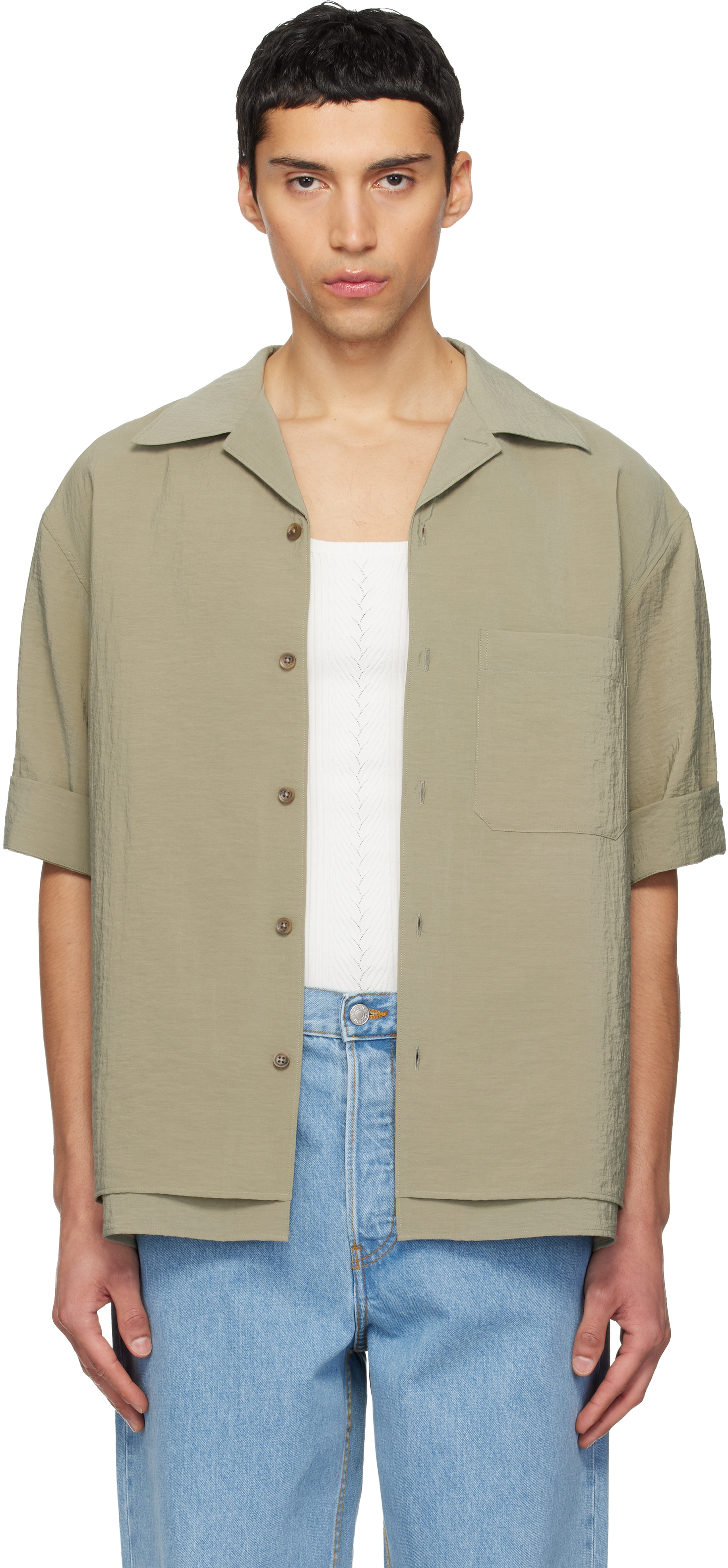 Khaki Double-Layered Open Collar Shirt