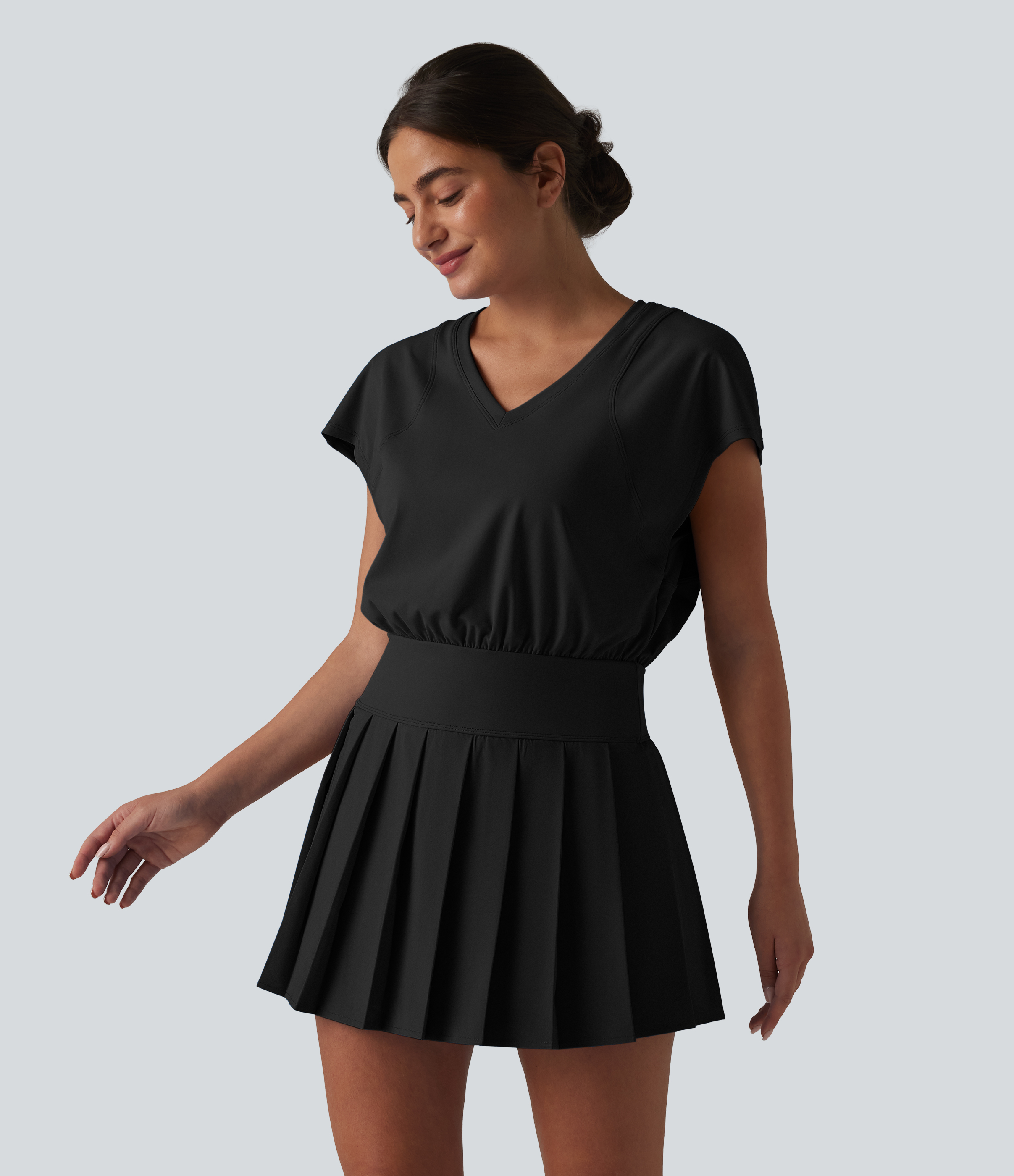 V-neck Invisible Zipper Short Sleeve Pleated Hem 2-in-1 Mini Tennis Active Dress with Pockets Workout Dress - Black
