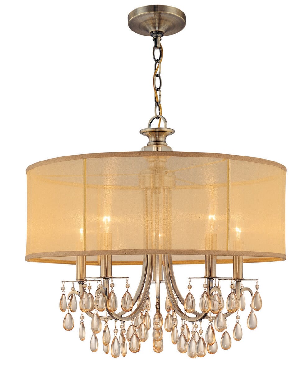Hampton 5-Light Chandelier in Antique Brass with Etruscan Teardrop Almond Crysta