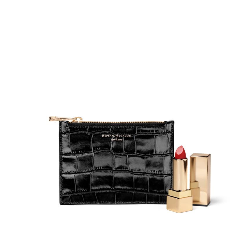 Small Essential Flat Pouch in Deep Shine Black Croc