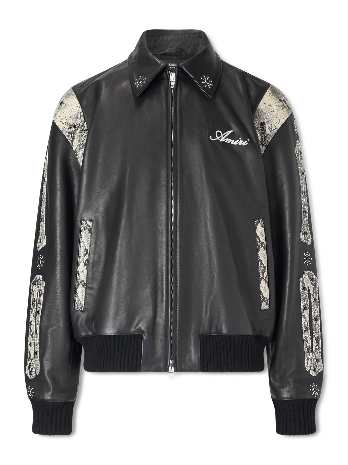 Bones Snake-Effect Panelled Studded Logo-Embroidered Leather Jacket