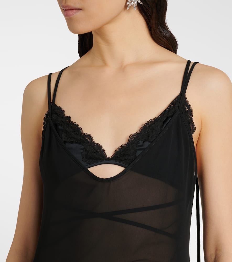 Sheer feather-trimmed midi dress