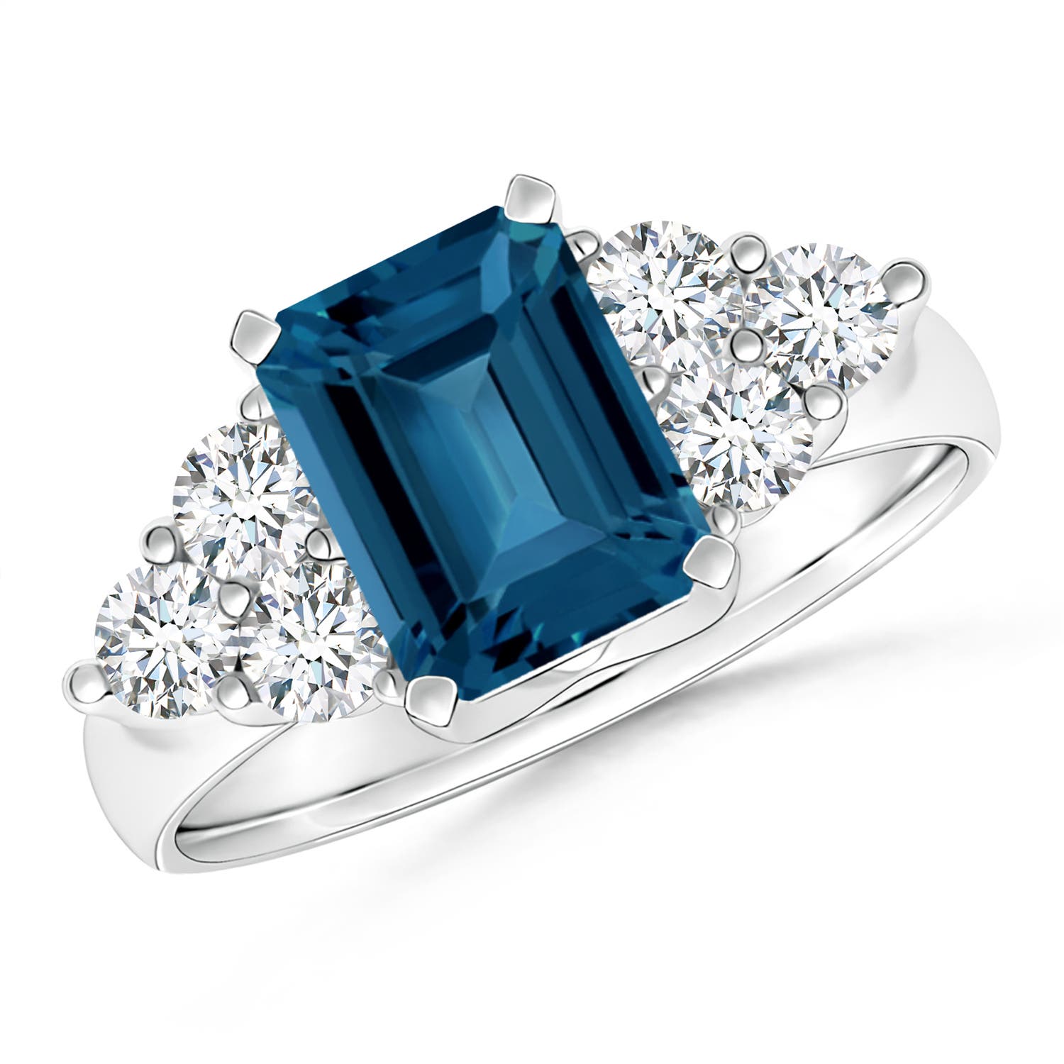 Angara 1.95 Carats Emerald Cut London Blue Topaz Ring with Trio Diamond Accents in Platinum