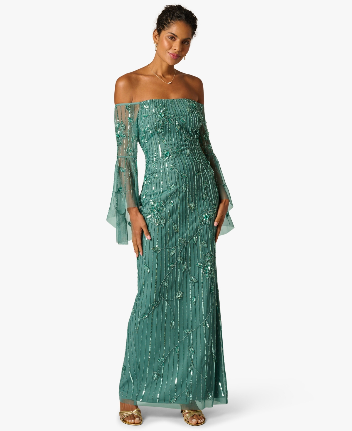 Women's Beaded Off-Shoulder Long Dress - GREEN SLATE