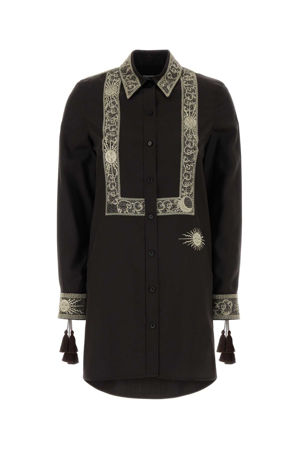 Silk with Lace Trim Dress — Brown