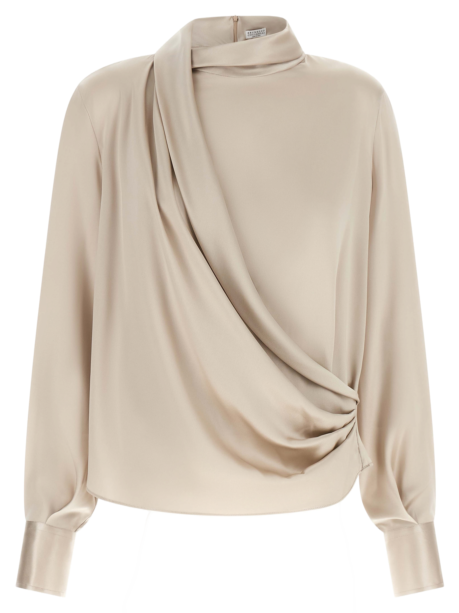 Asymmetrical Draped Silk Blouse — Beige
