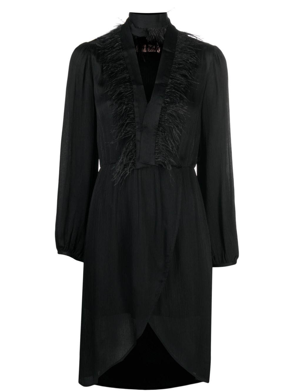 Feather-trim long-sleeve dress - Black