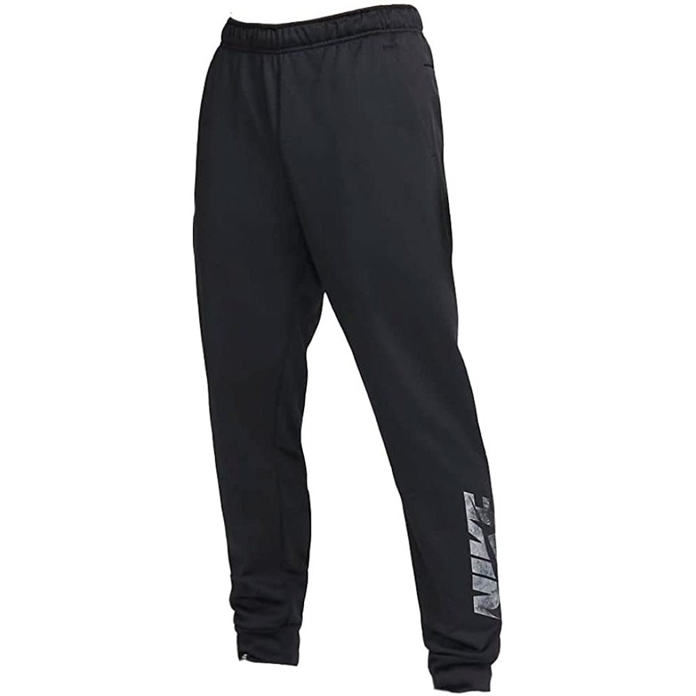 Men Solid Black Logo Tapered Swoosh Therma Fit Joggers Pants