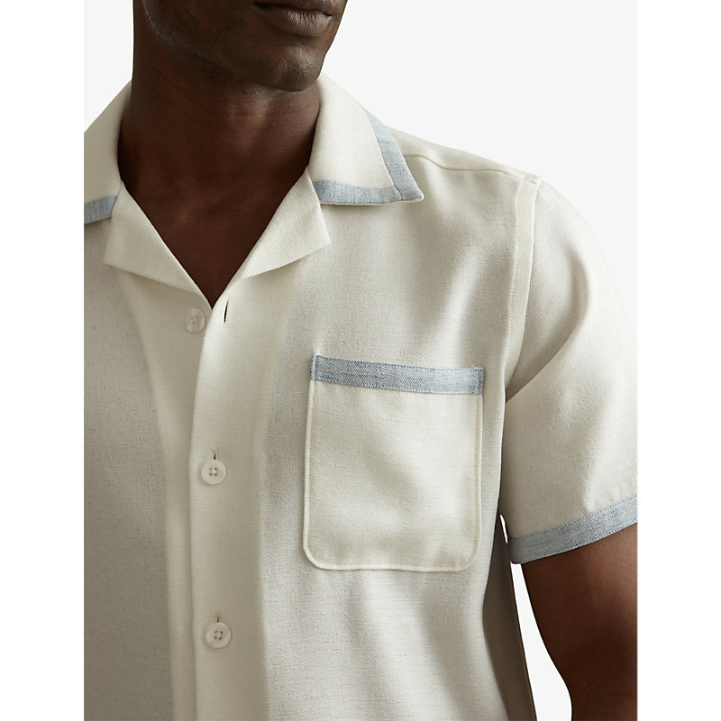 Mens Ecru/soft Blue Vita Contrast-trim Regular-fit Woven Shirt L