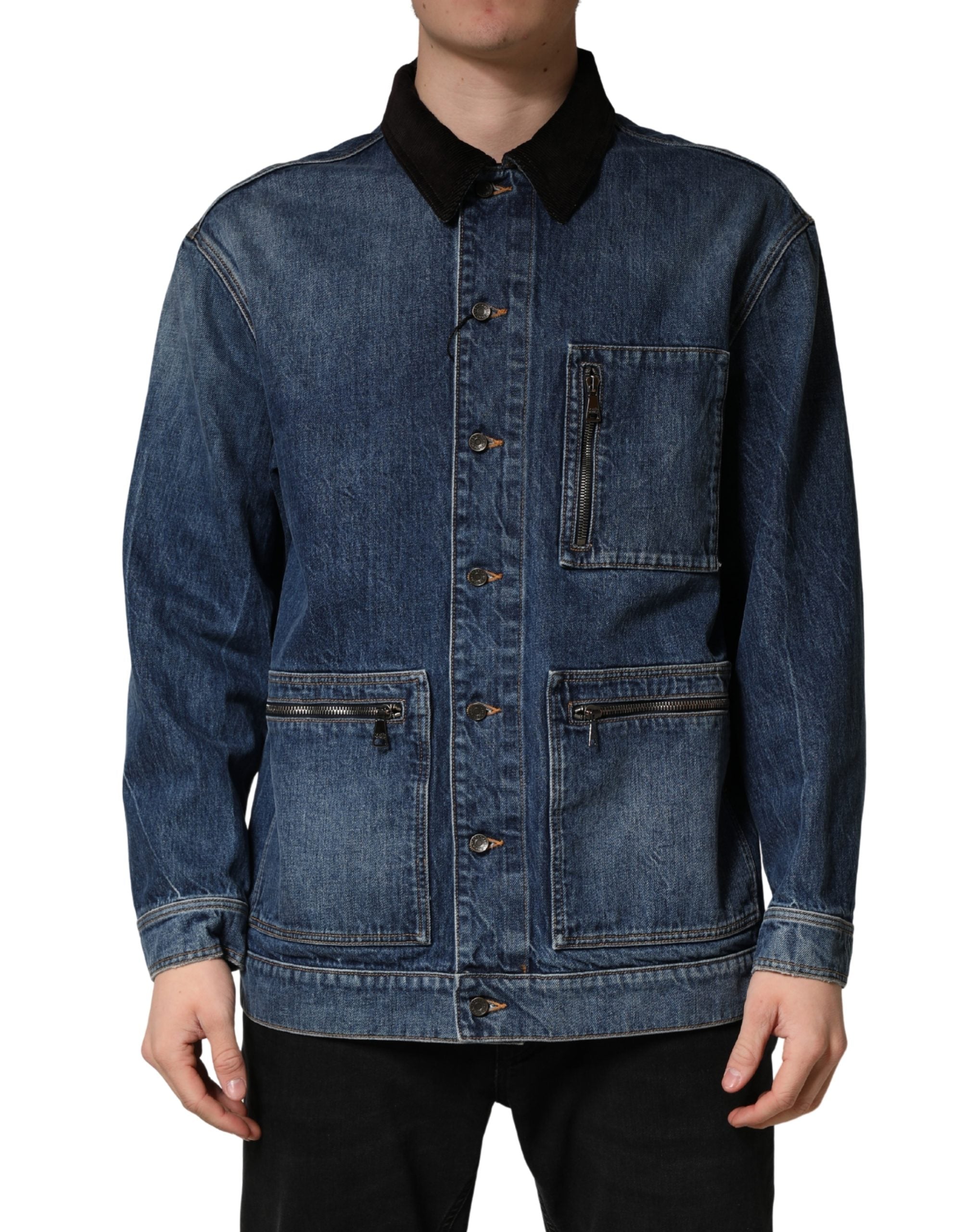 Cotton Denim Blouson Jacket — Blue