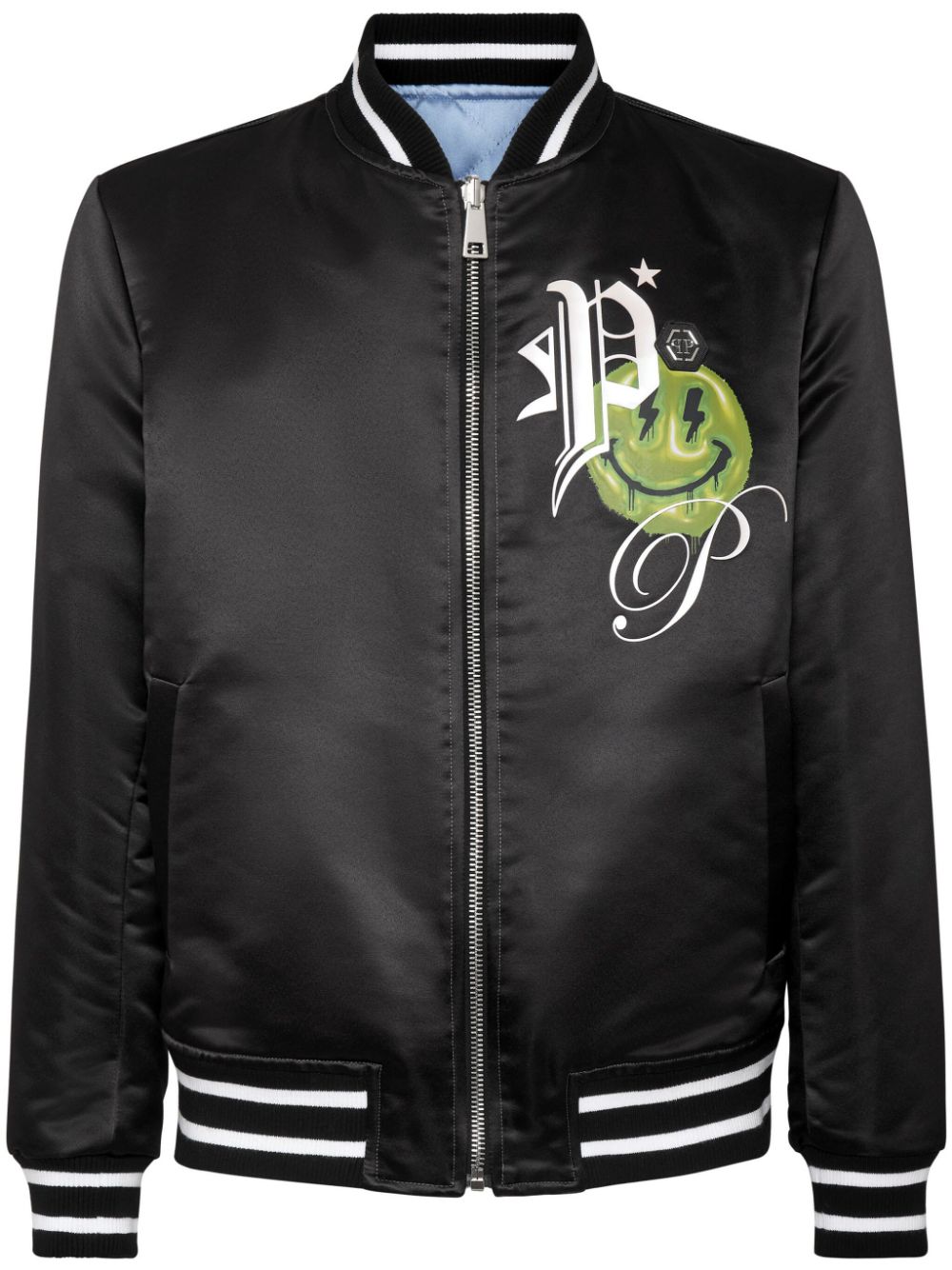 Logo-print satin-finish reversible bomber jacket - Blue