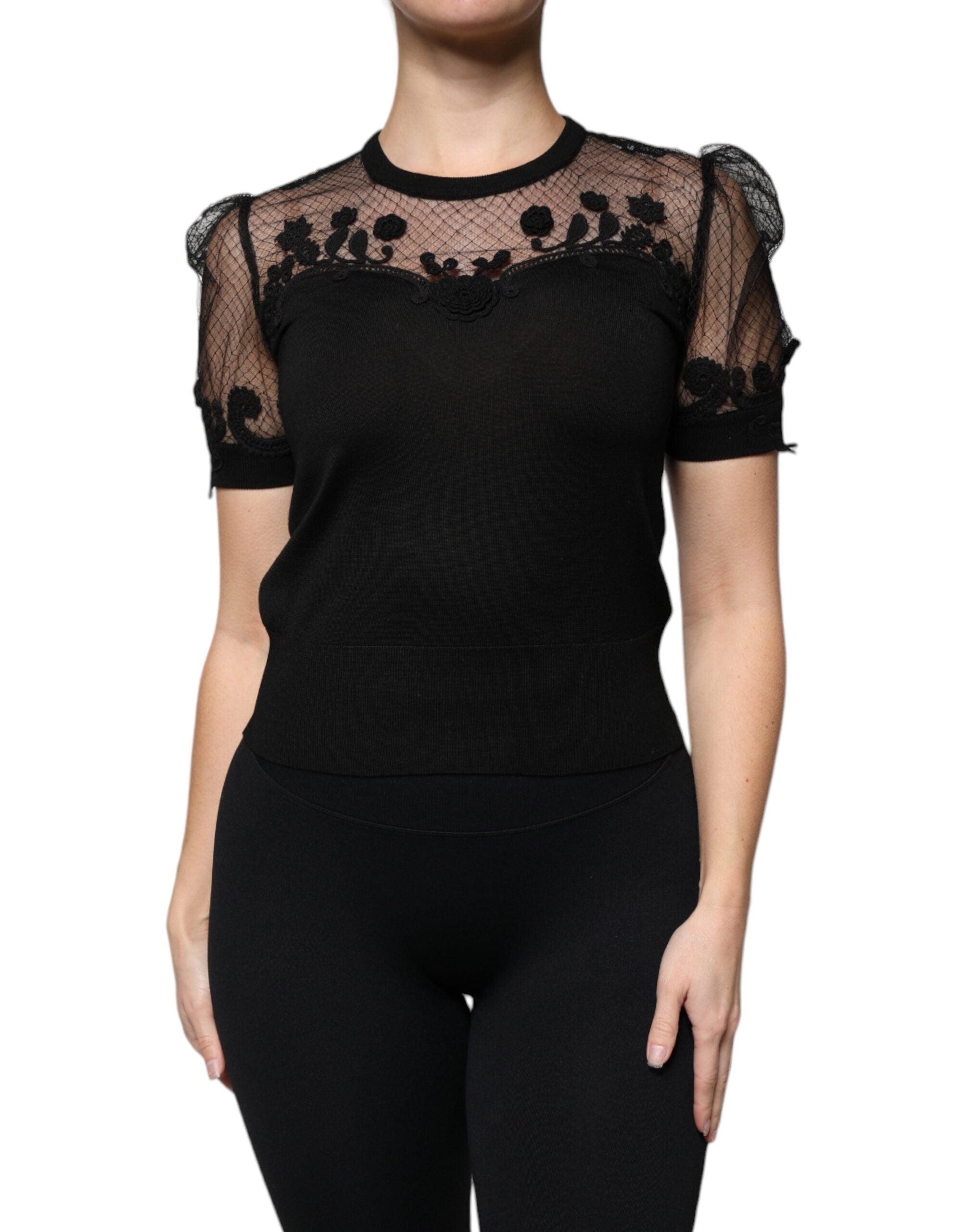 Floral Lace Short Sleeve Blouse — Black