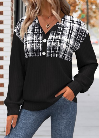 Modlily Black Button Plaid Long Sleeve Split Neck Sweatshirt