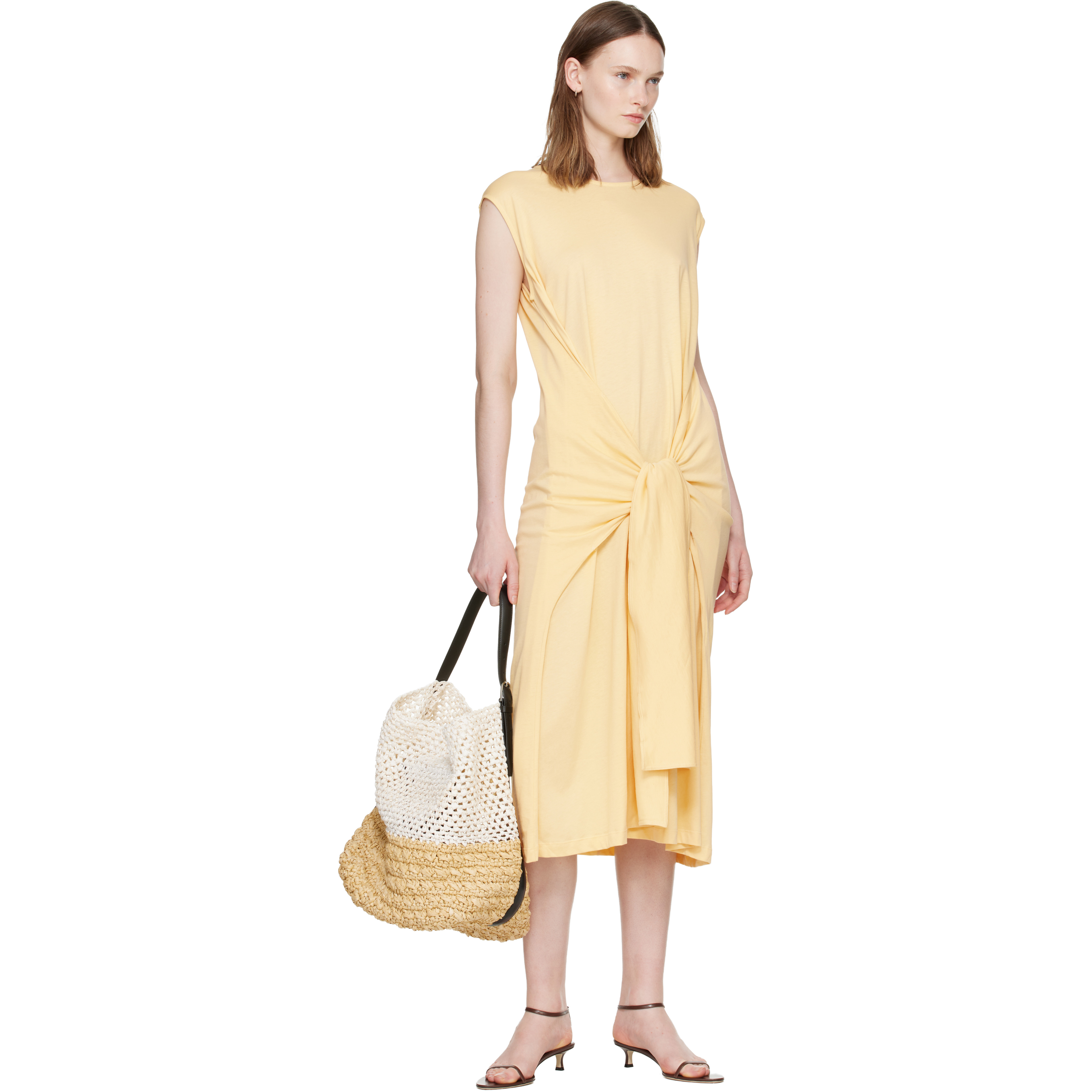 Beige & Off-White Belted Paper Raffia Tote