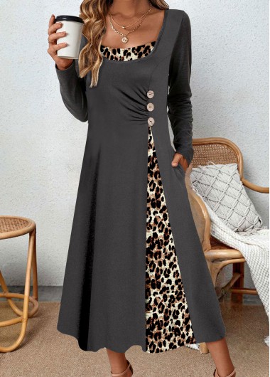 Modlily Dark Grey Asymmetry Leopard A Line Long Sleeve Dre