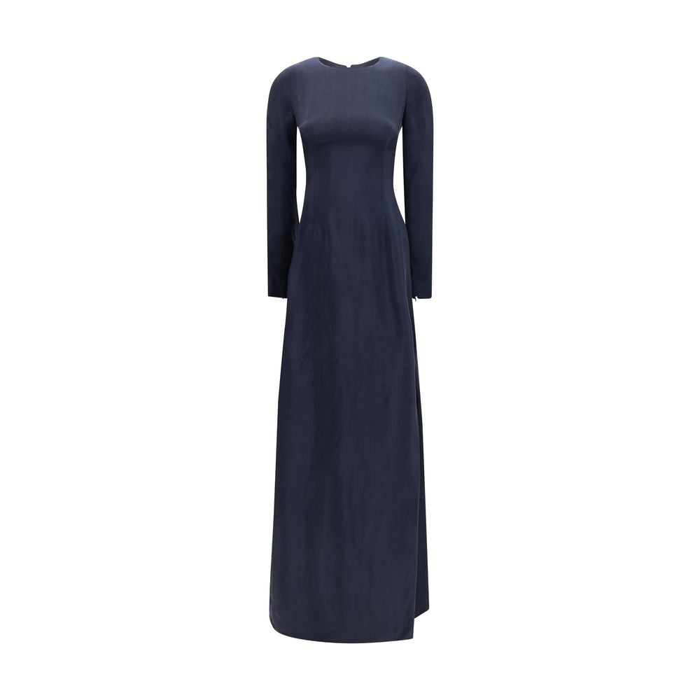 Long Crew Neck Cupro Dress — Navy