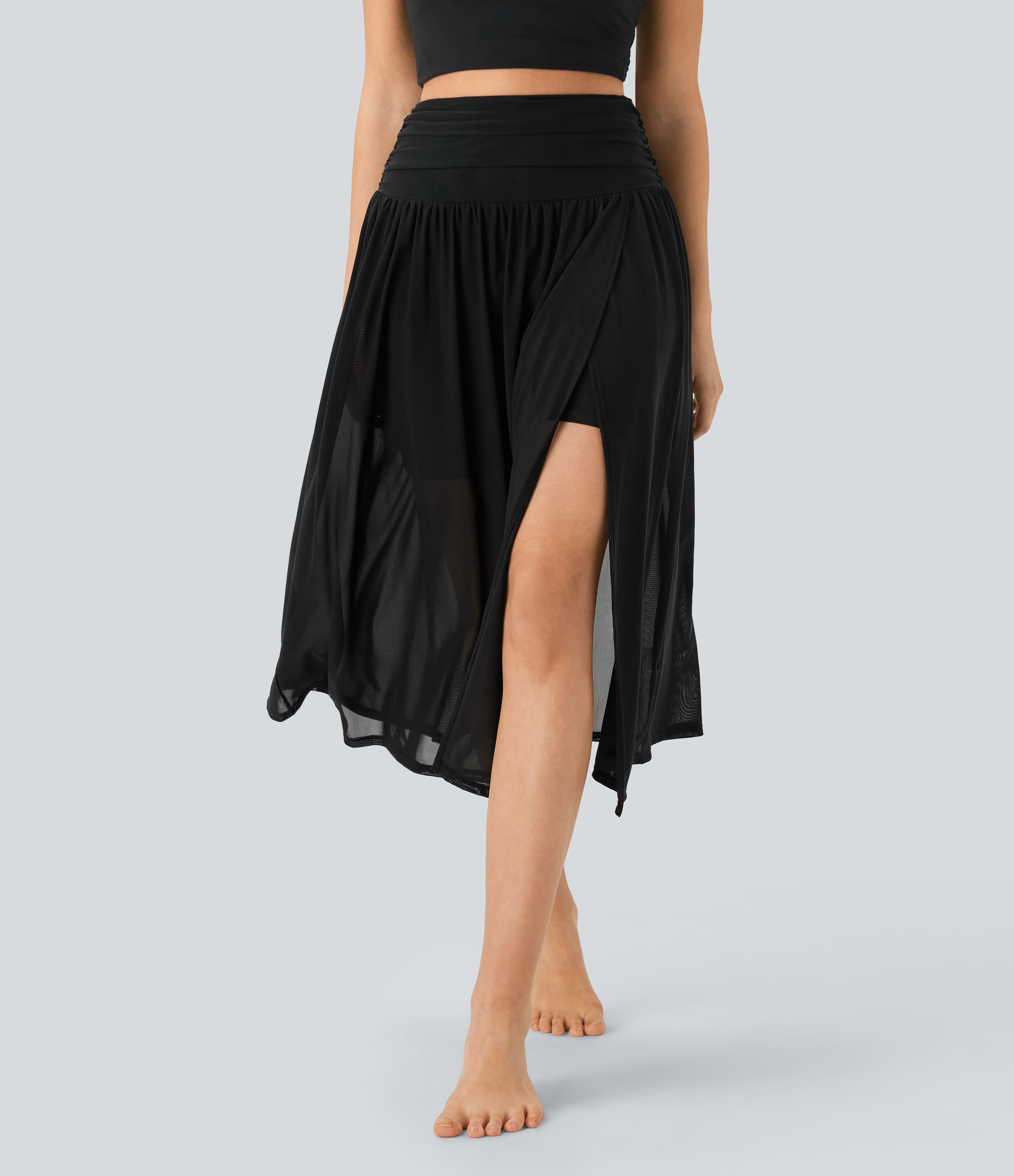 High Waisted 2-in-1 Flowy Midi Dance Skirt with Pocket  - Black