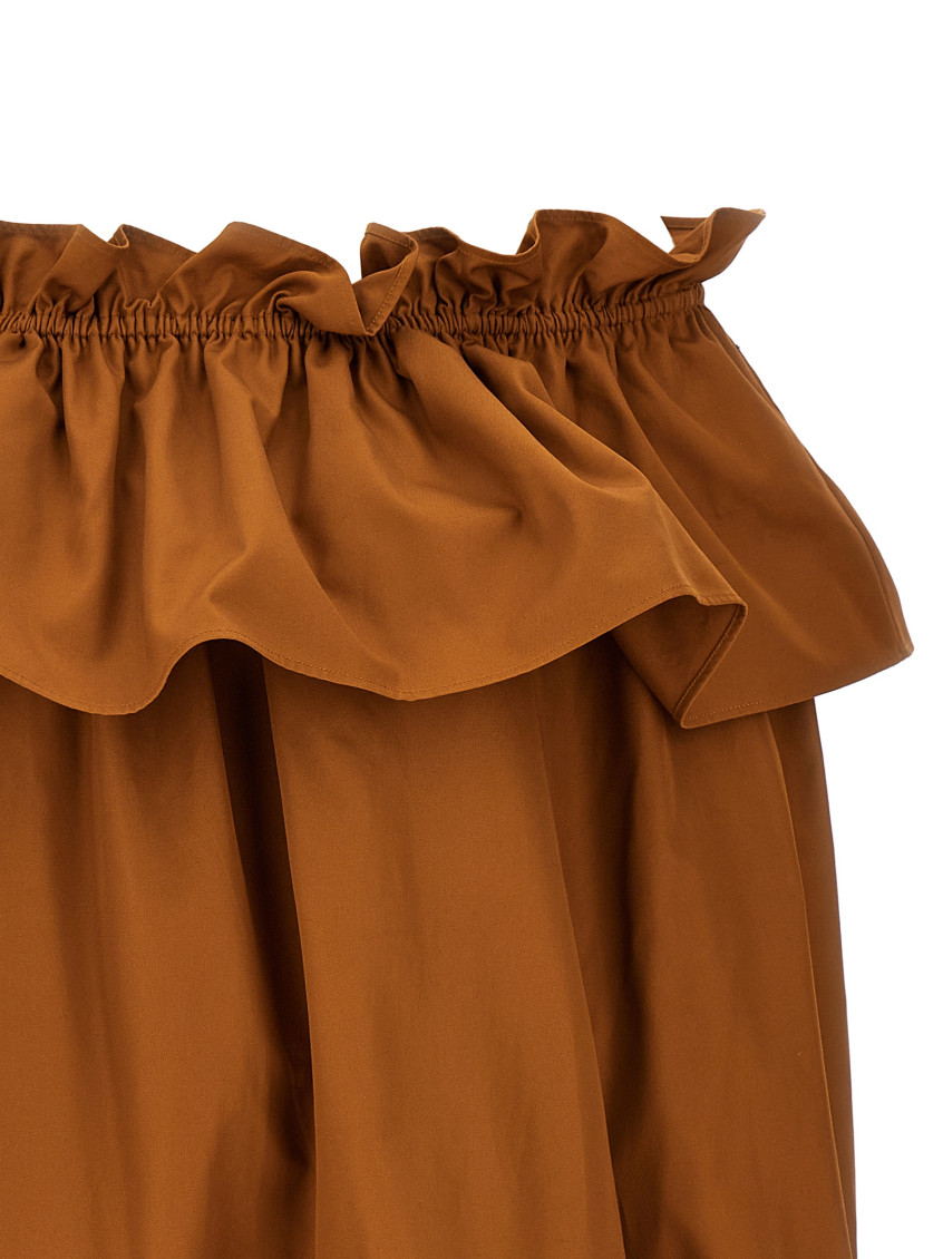 Brown Ruffle Dress With Bare Shoulders In Cotton Twill Woman