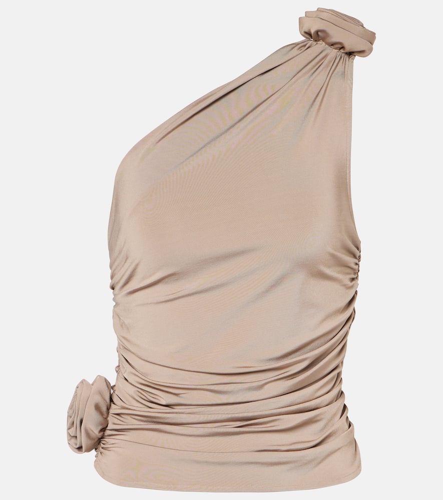 Floral-appliqué one-shoulder ruched top