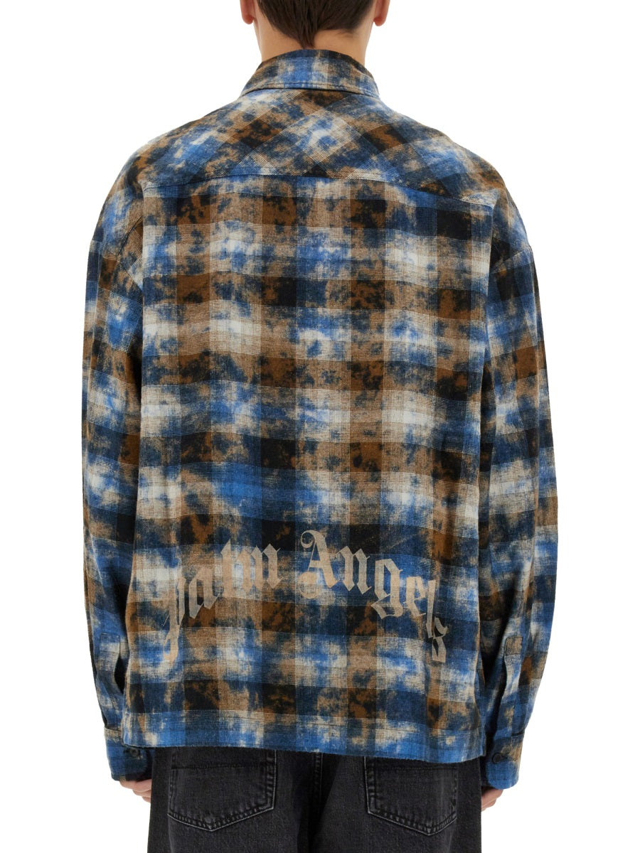 Men's Curved Logo Check Shirt in Light Blue