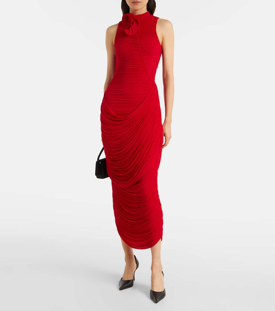 Floral-appliqué draped gown