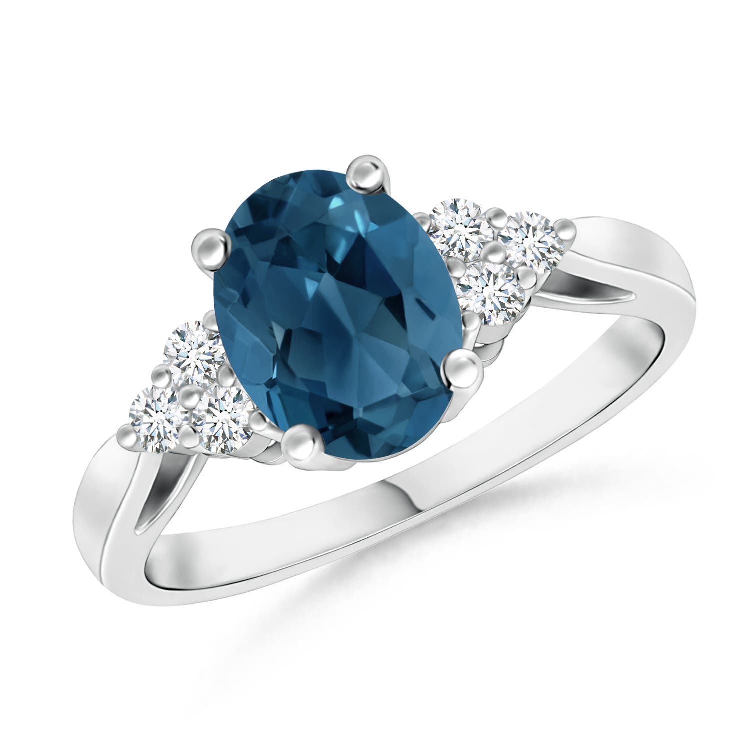 Angara 1.5 Carats Oval London Blue Topaz Cocktail Ring with Trio Diamonds in Platinum