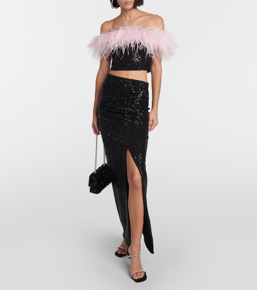 Self-Portrait Feather-trimmed sequined minidress