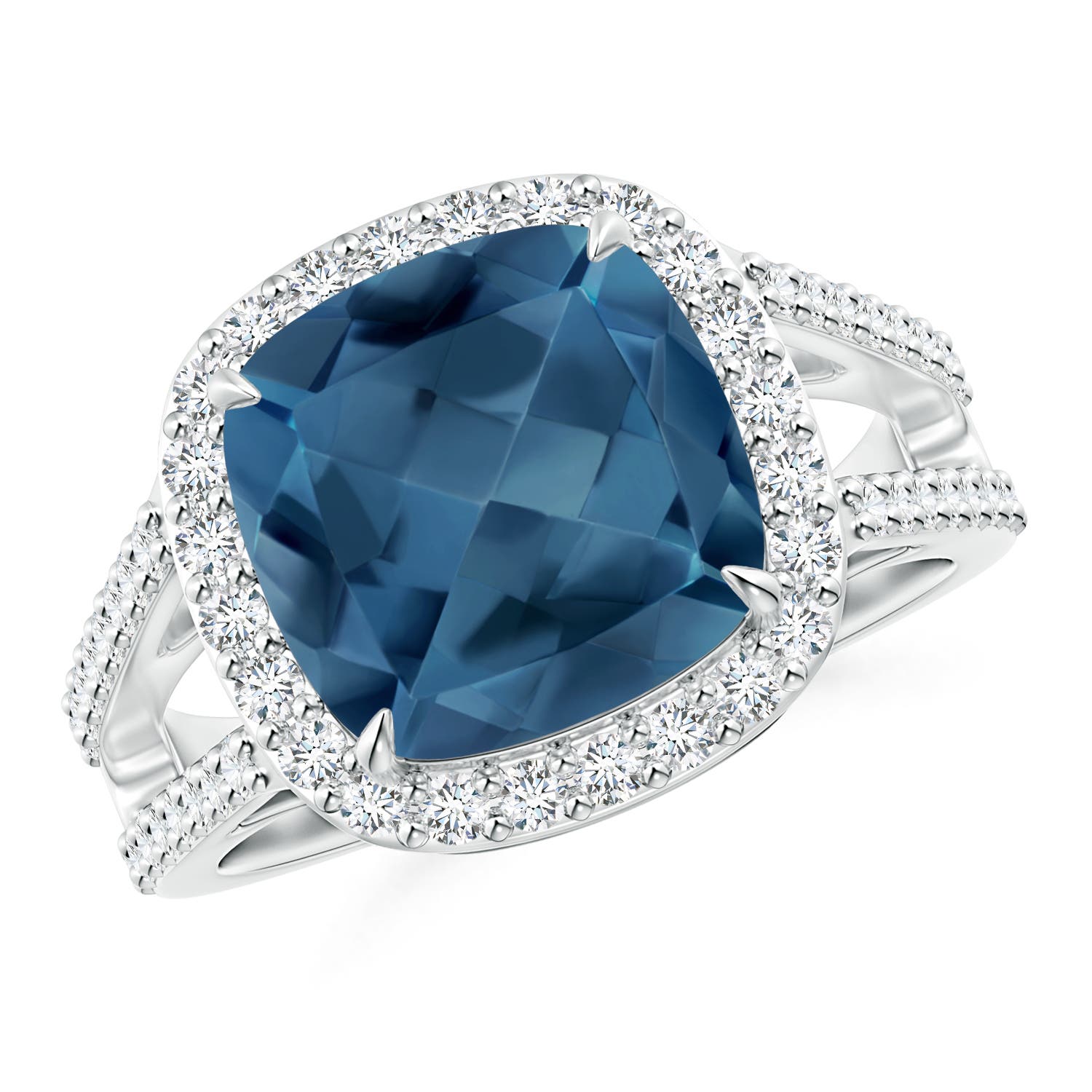 Angara 5.15 Carats Cushion London Blue Topaz Split Shank Ring with Diamond Halo in Platinum