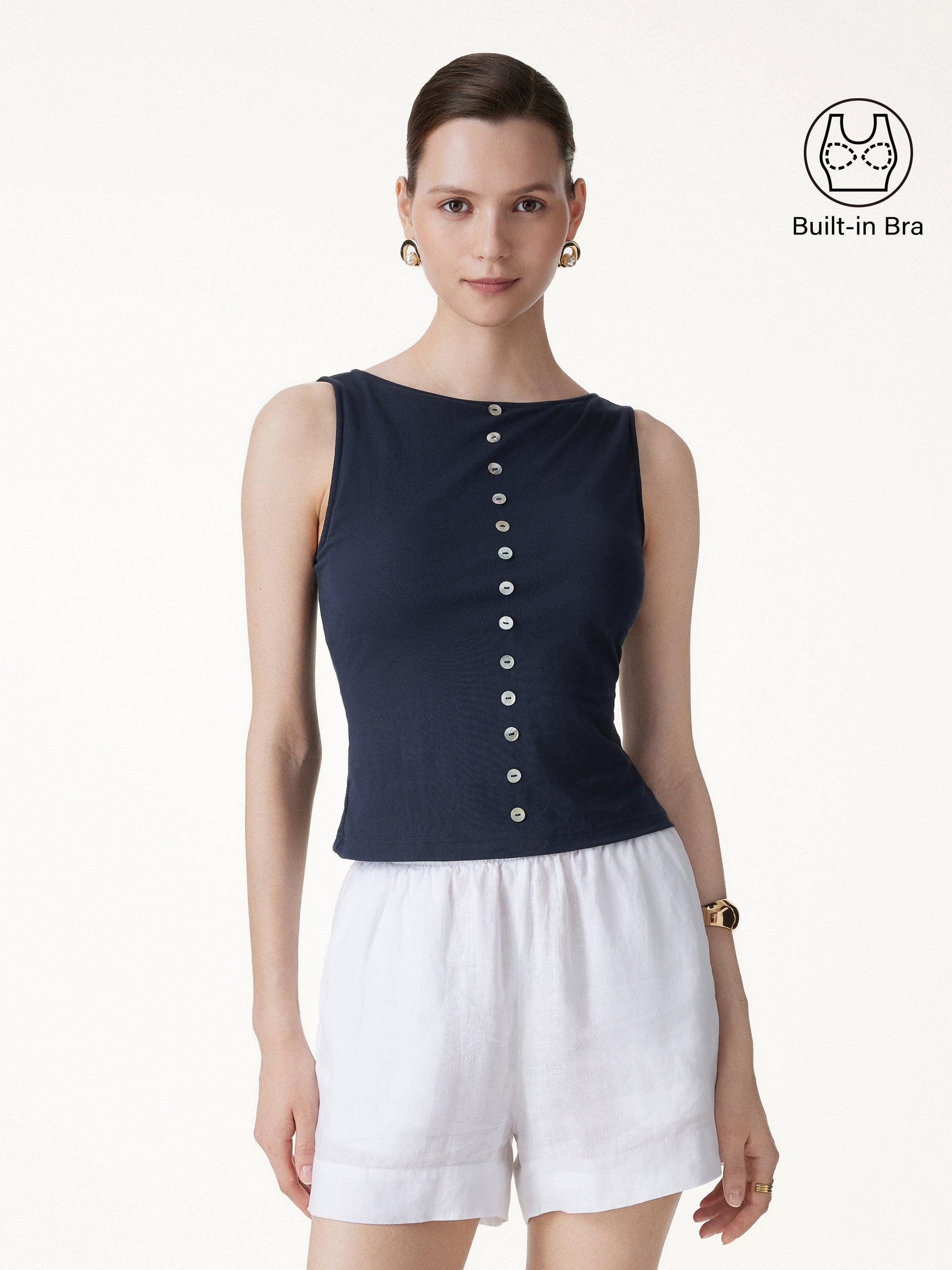 Cotton-Linen Boatneck Cropped Bra Top - Smoky Navy