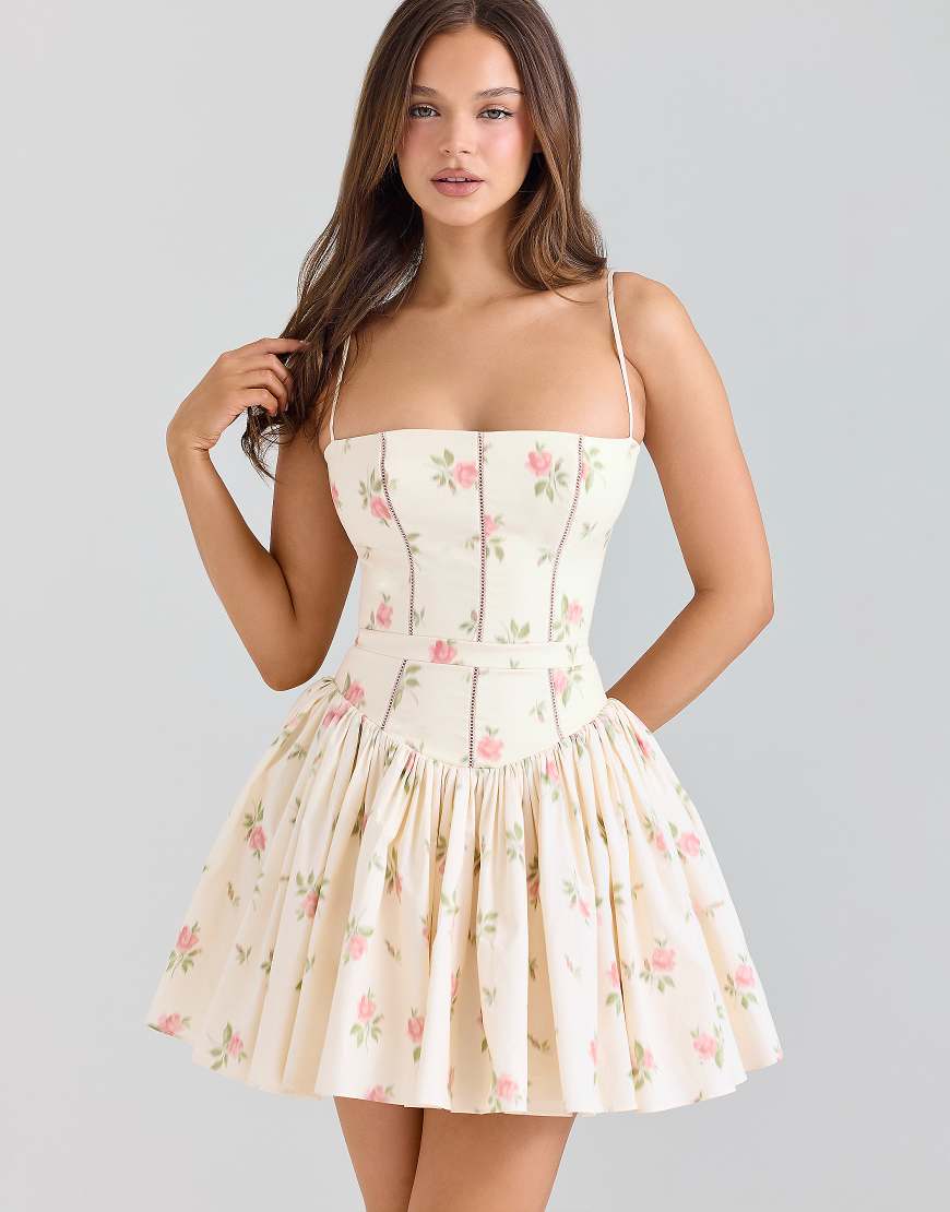 Ysabella cream rose print stretch cotton mini sundress in cream rose-White