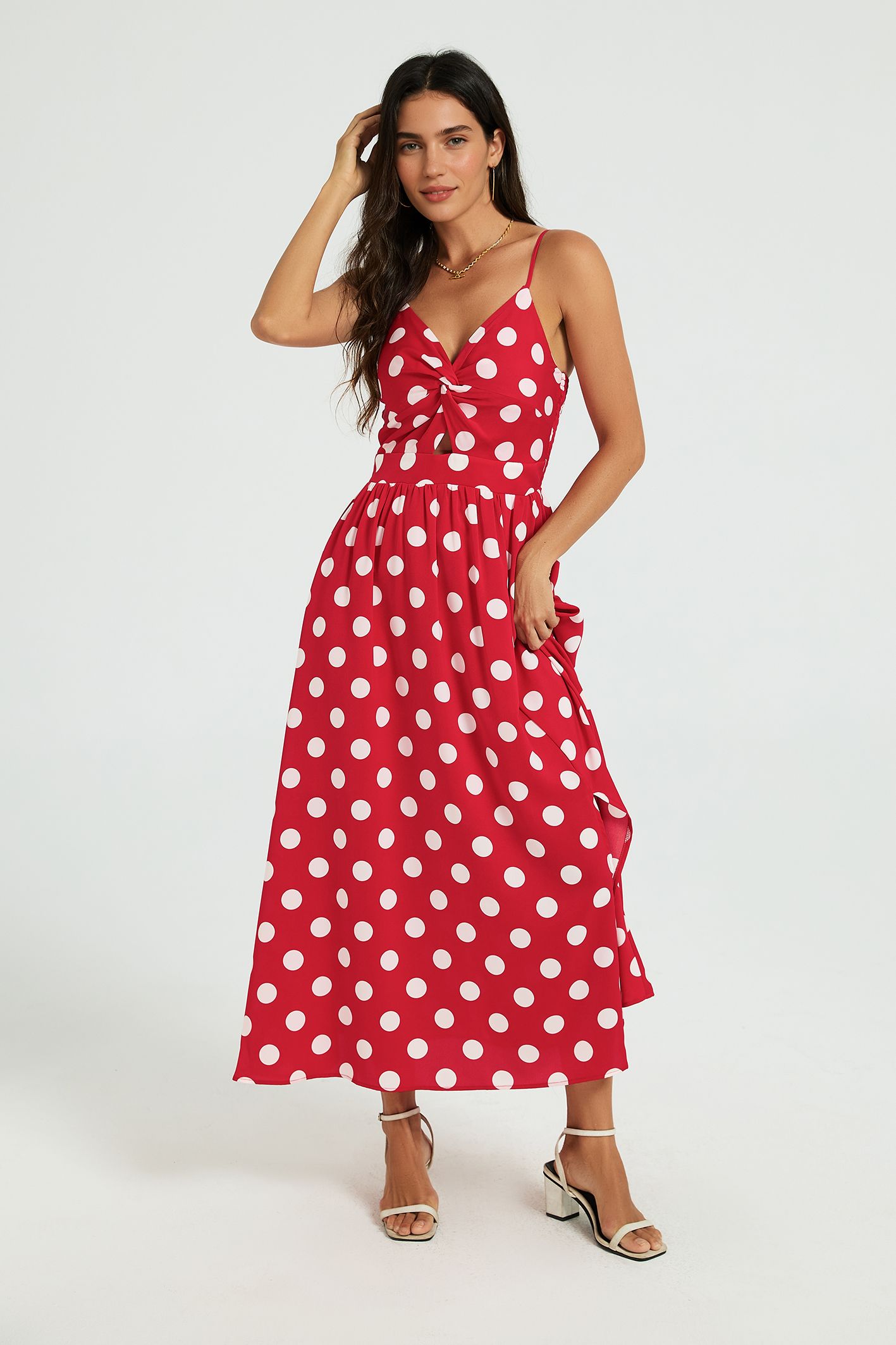FS Collection Women's Polka Dot Twist Front Strappy Midi Dress in Red