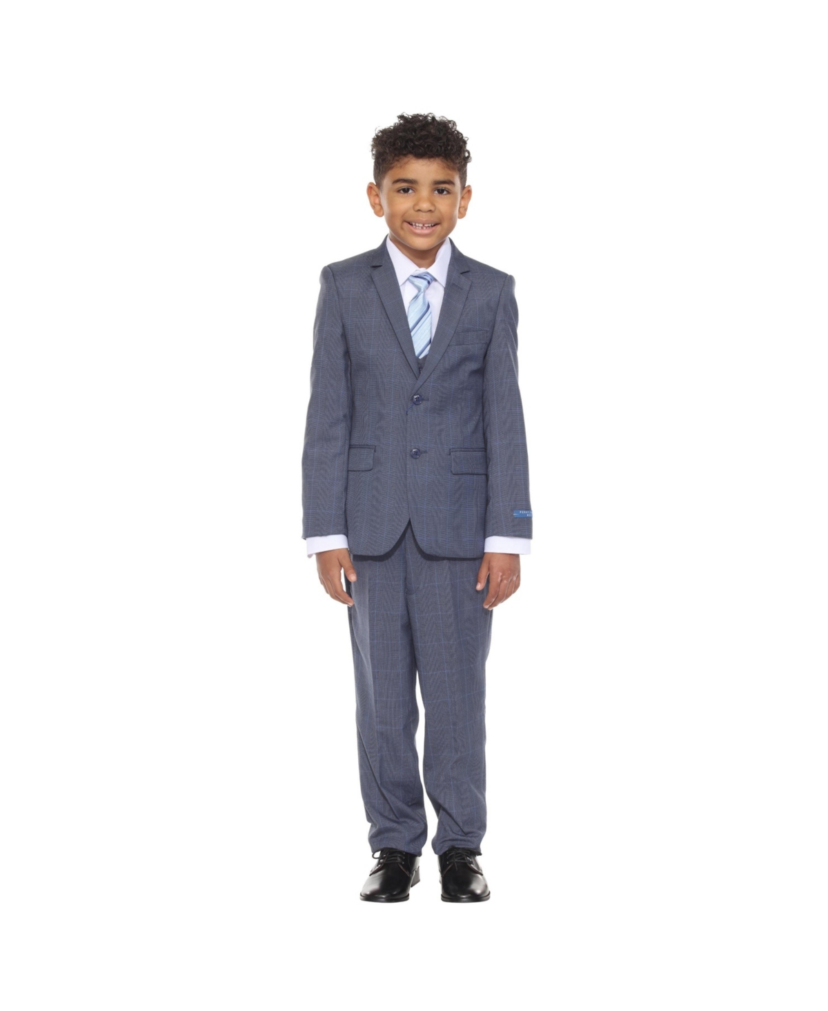 Little Boys 5 Piece Windowpane Suit,Vest,Pants,Shirt and Tie Set - Blue