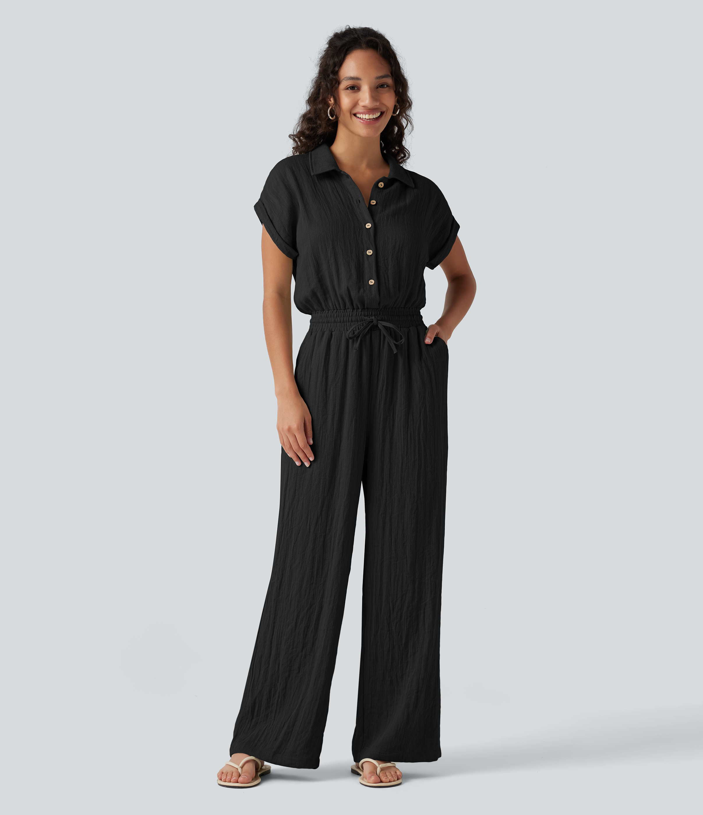 Short Sleeve Drawstring Baggy Casual Linen-Feel Jumpsuit with Pockets  - Black
