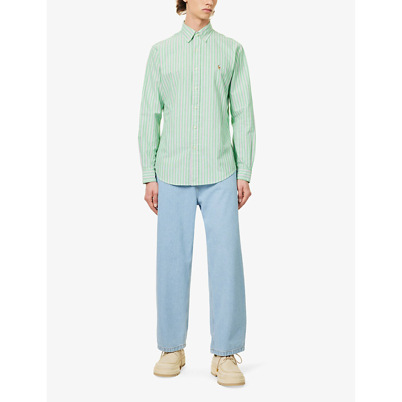 Mens 6345c Green/pink Multi Stripe-pattern Custom-fit Cotton Shirt 