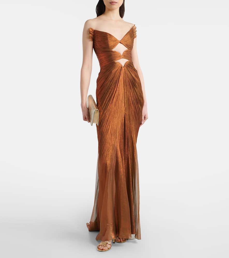 Cutout pleated silk gown