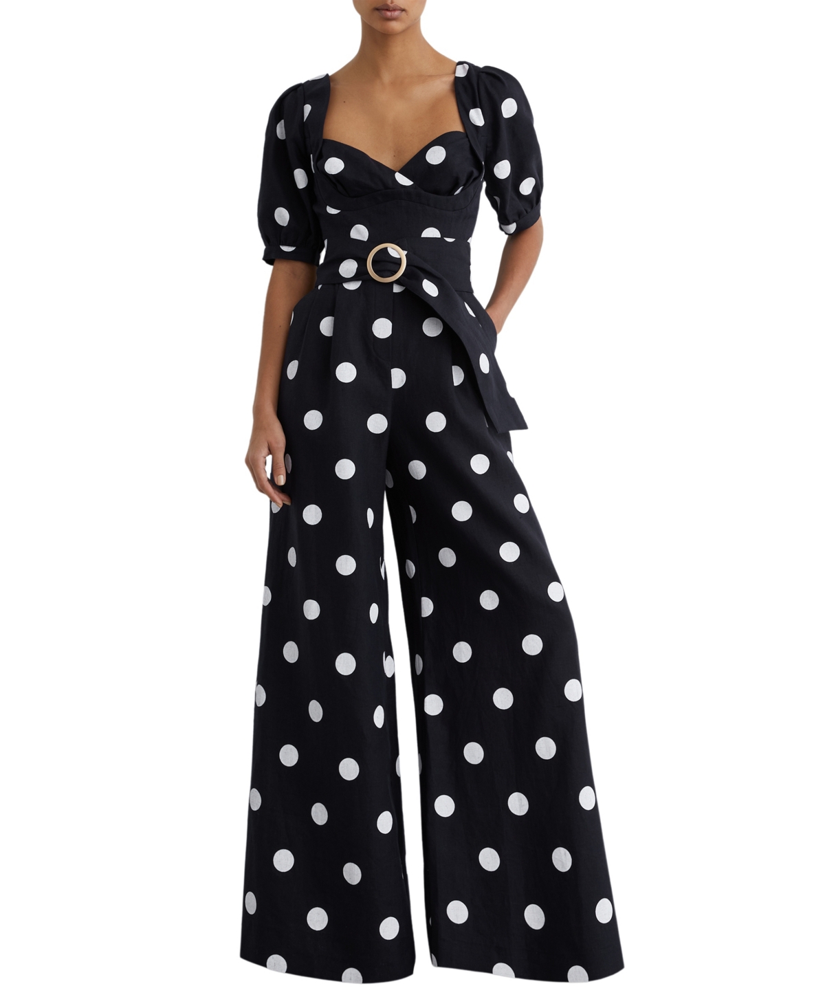 Women's Brook Linen Polka-Dot Wide-Leg Jumpsuit - Navyivory