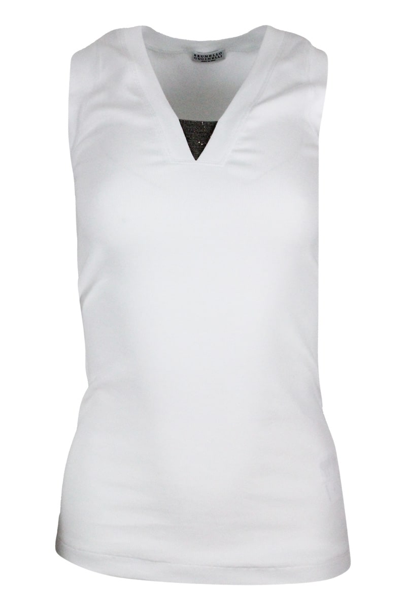 Tank Top T-shirt In Ribbed Stretch Cotton With V-neck And Monili