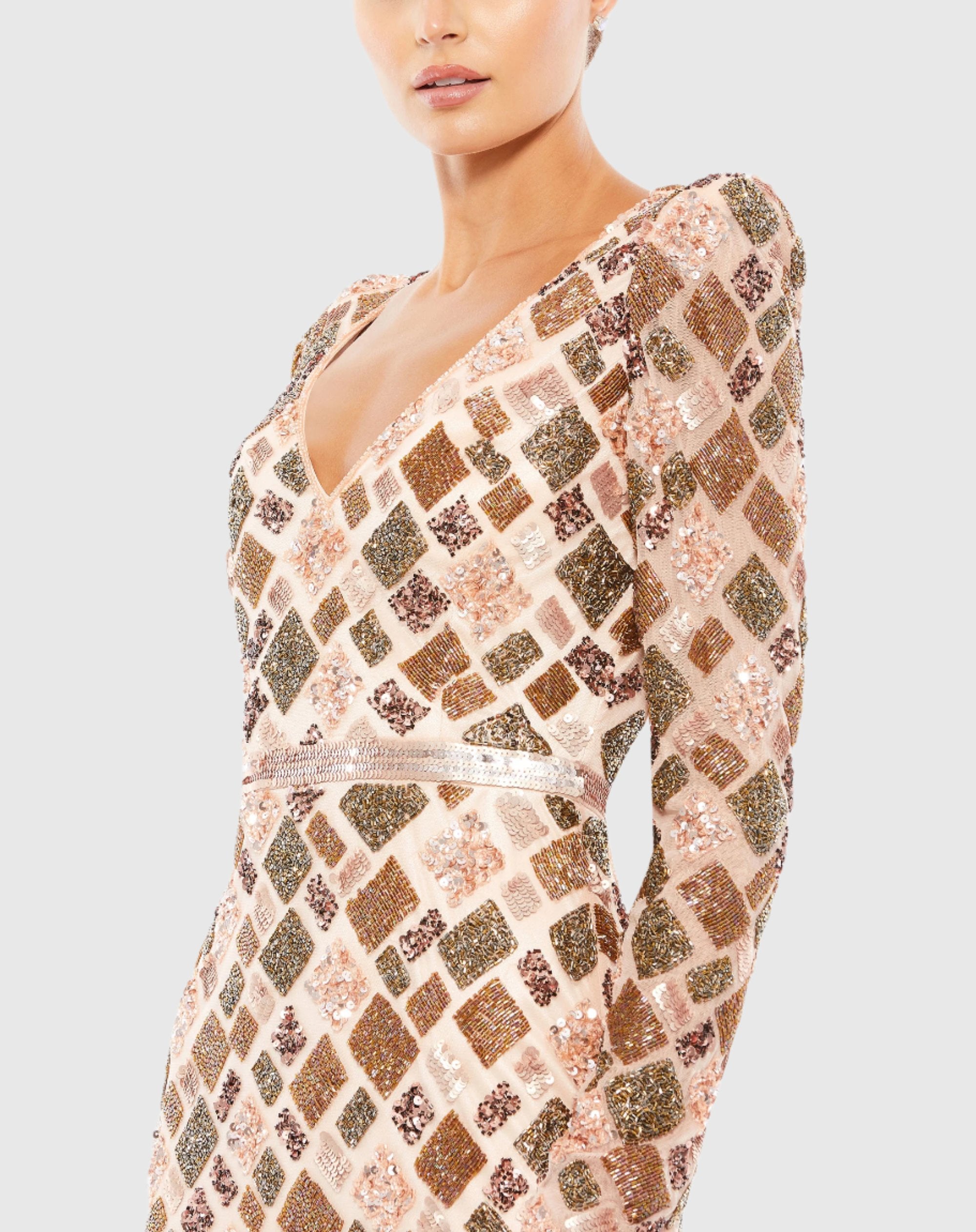 Geo Embellished Midi Sheath Wedding Guest Dress In Chocolate