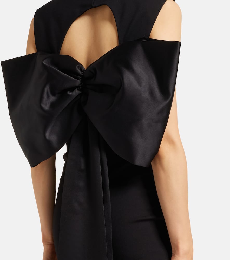 Bow-detail ruched satin-trimmed midi dress