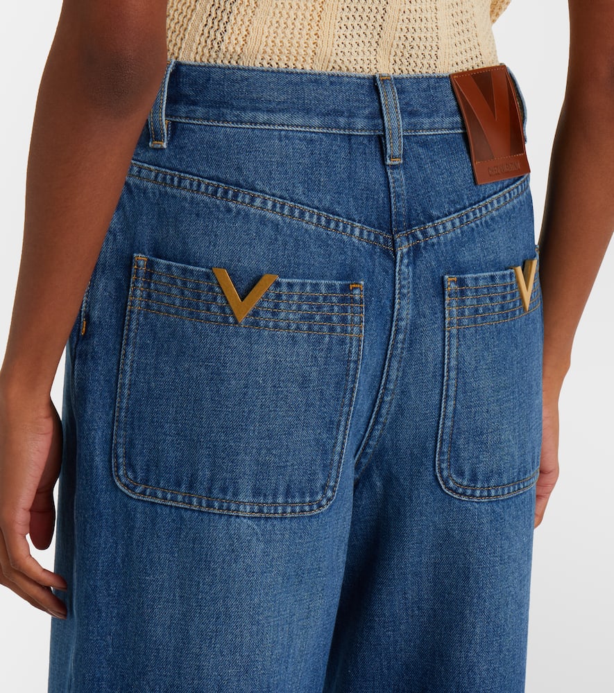 Leather-trimmed wide-leg jeans