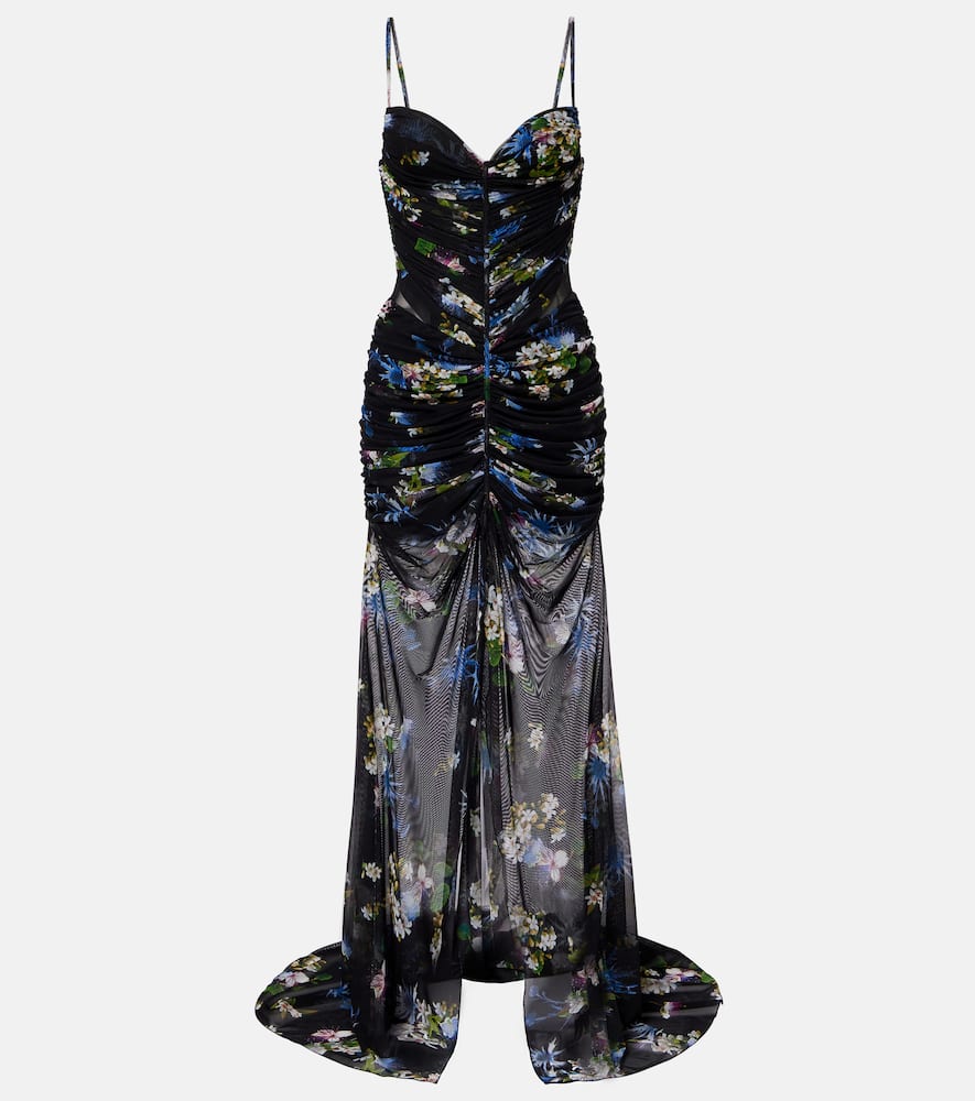 Floral ruched sheer gown
