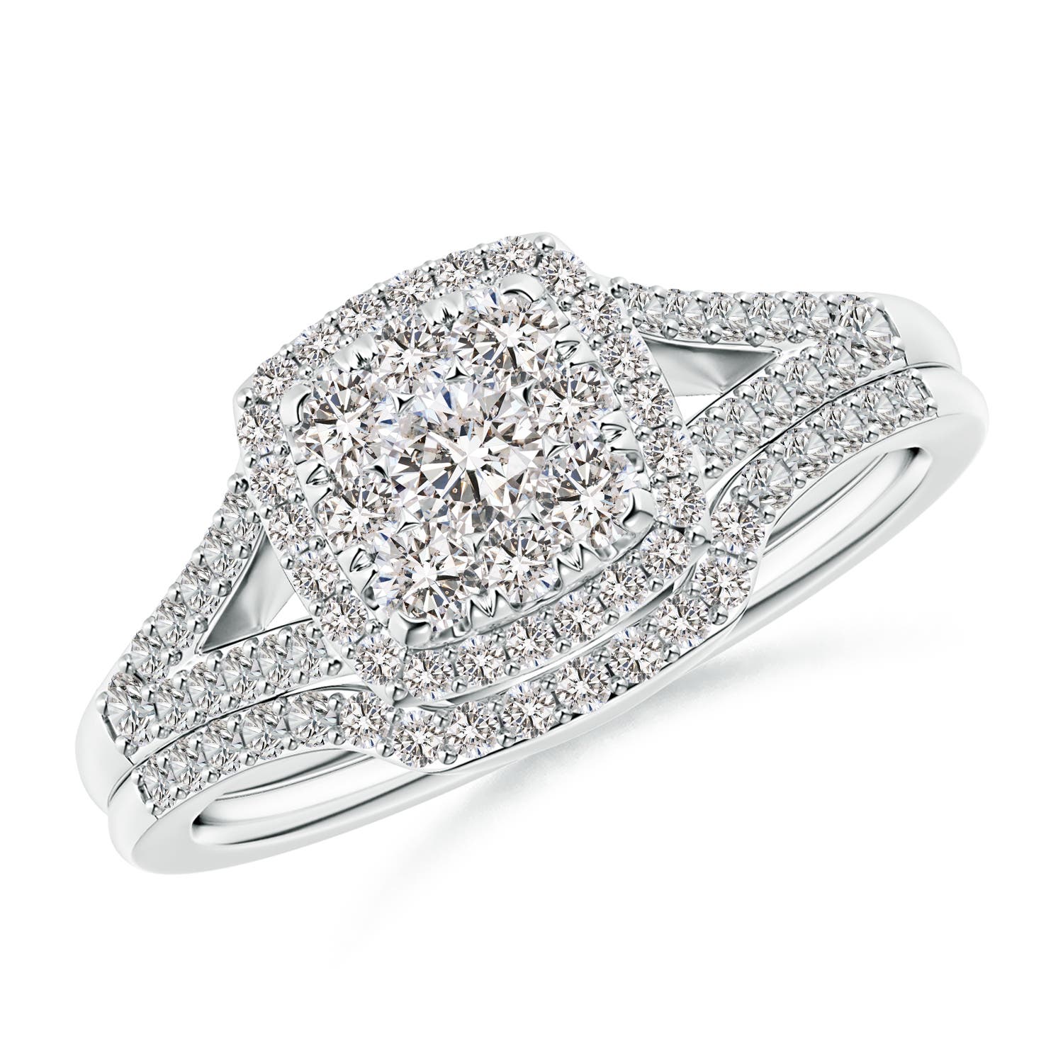 Angara 0.87 Carat Cushion Composite Diamond Halo Split Shank Bridal Set in Platinum