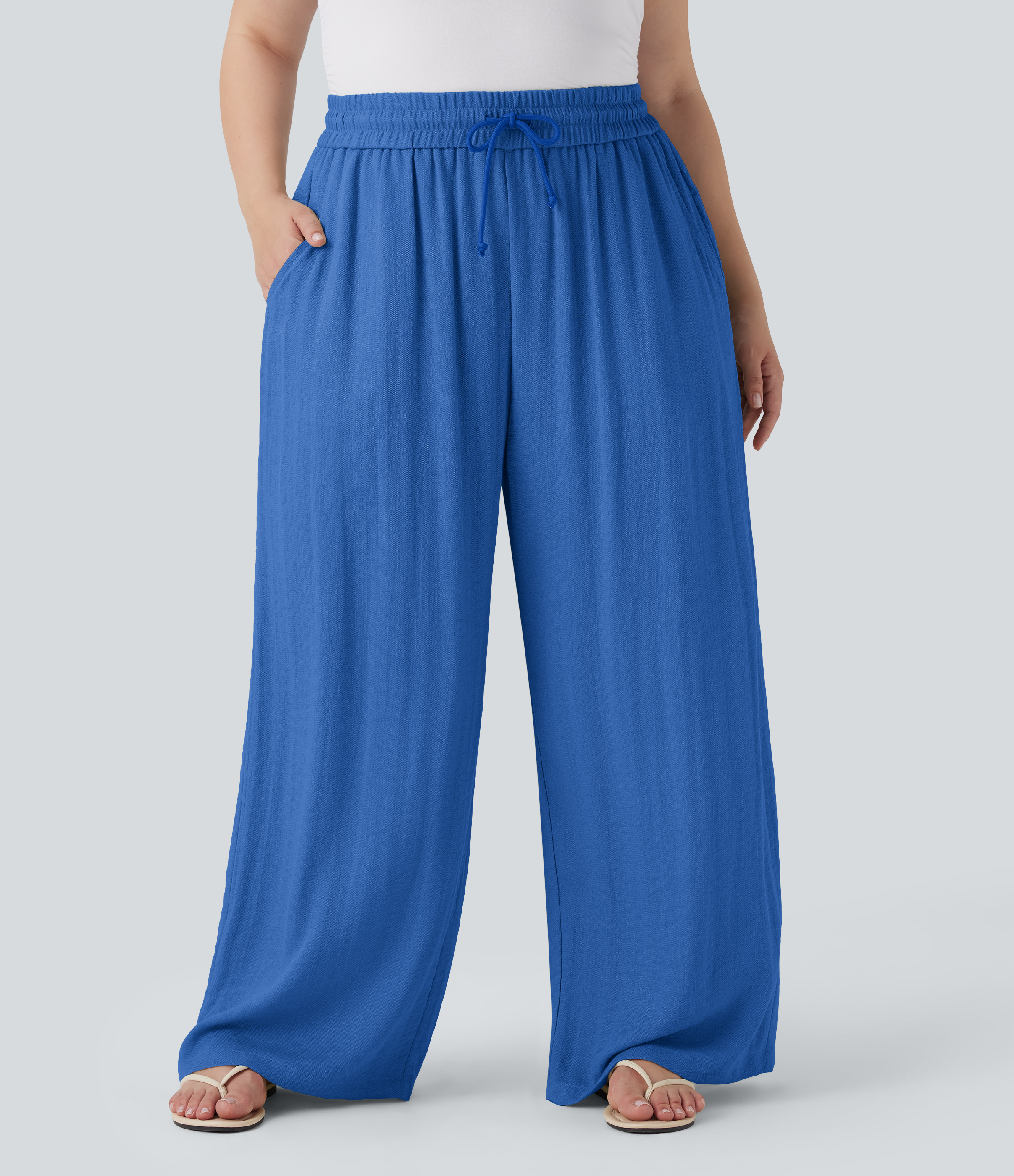 High Waisted Drawstring Linen-Feel Wide Leg Casual Plus Size Pants with Pockets  - Strong Blue