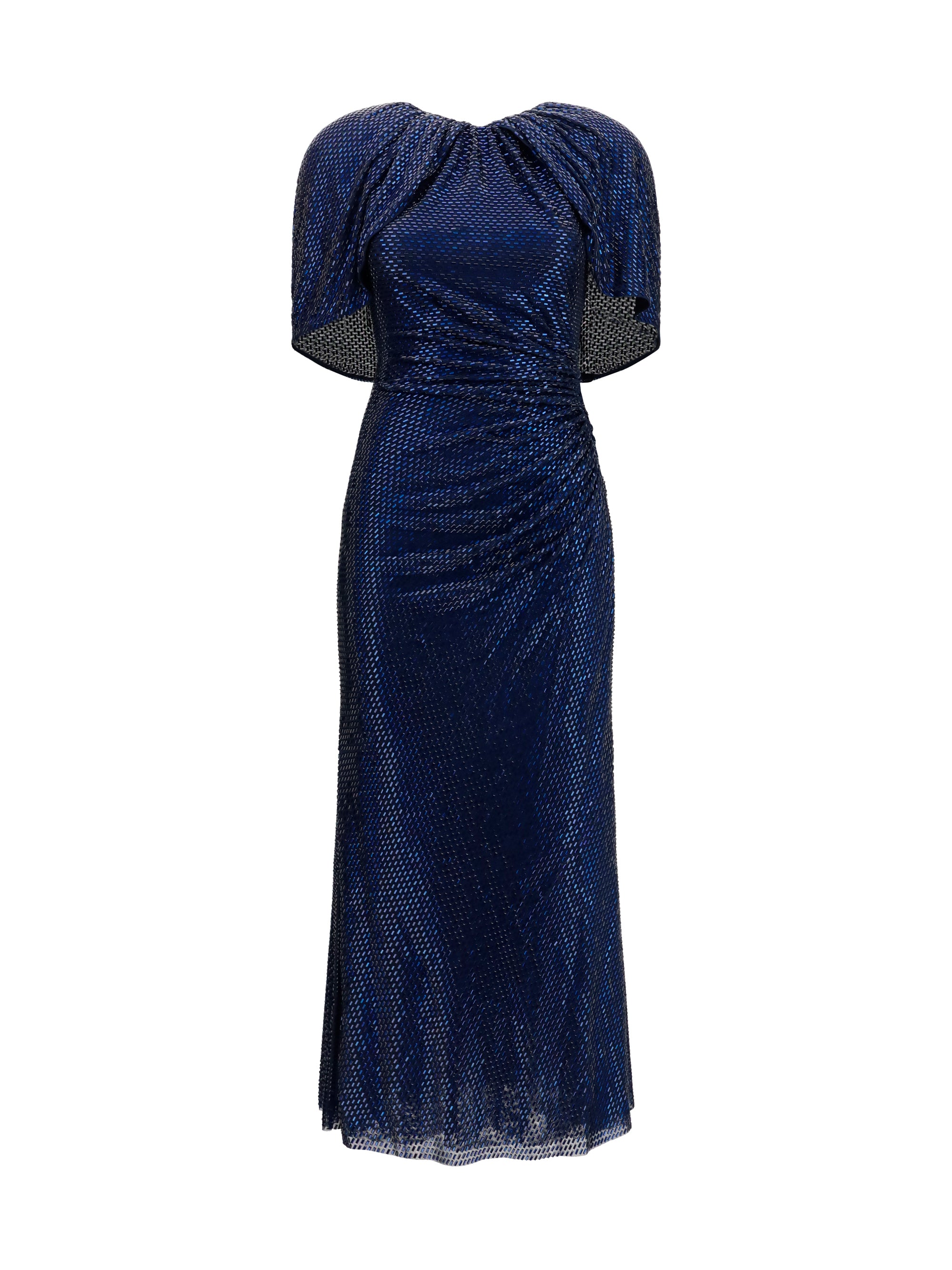Crystal-Embellished Cape-Sleeve Midi Dress — Navy