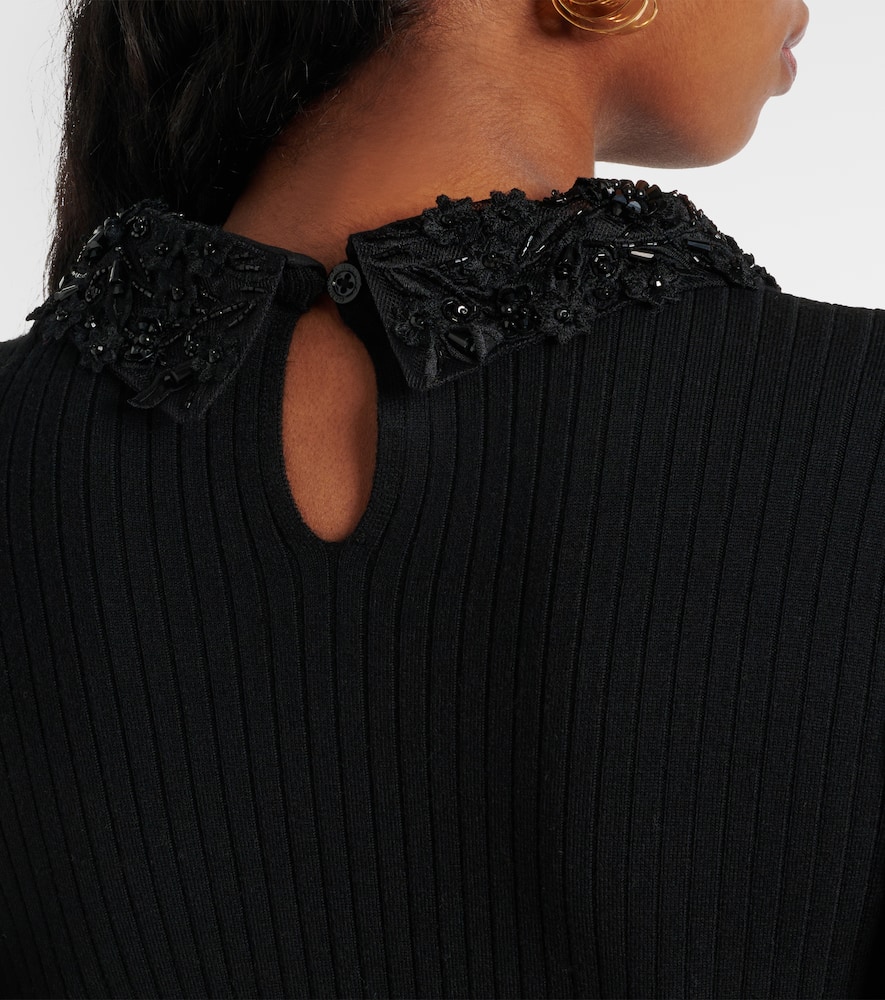 Embellished ribbed-knit wool top
