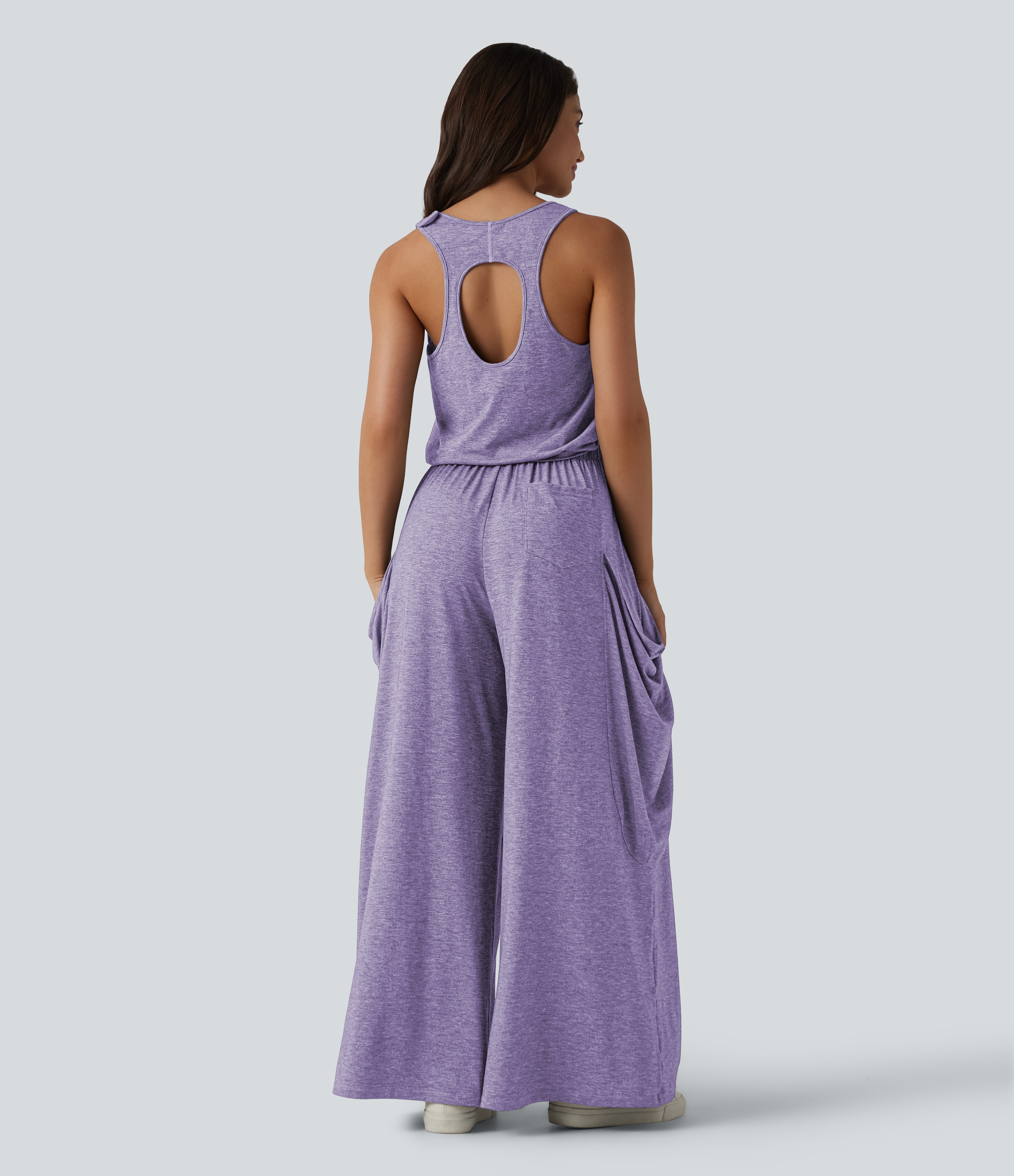 Sleeveless Cut Out Wide Leg Casual Jumpsuit with Pockets-Easy Peezy Edition  - Light Purple Floral Yarn