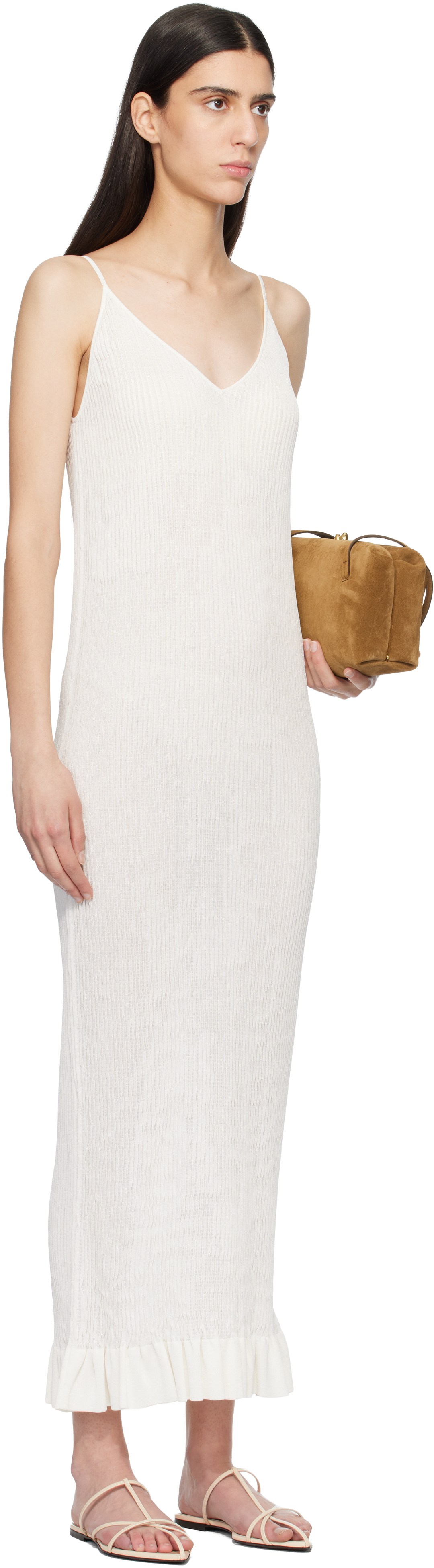 Off-White Smocked Fine Rib Frill Detail Maxi Dress