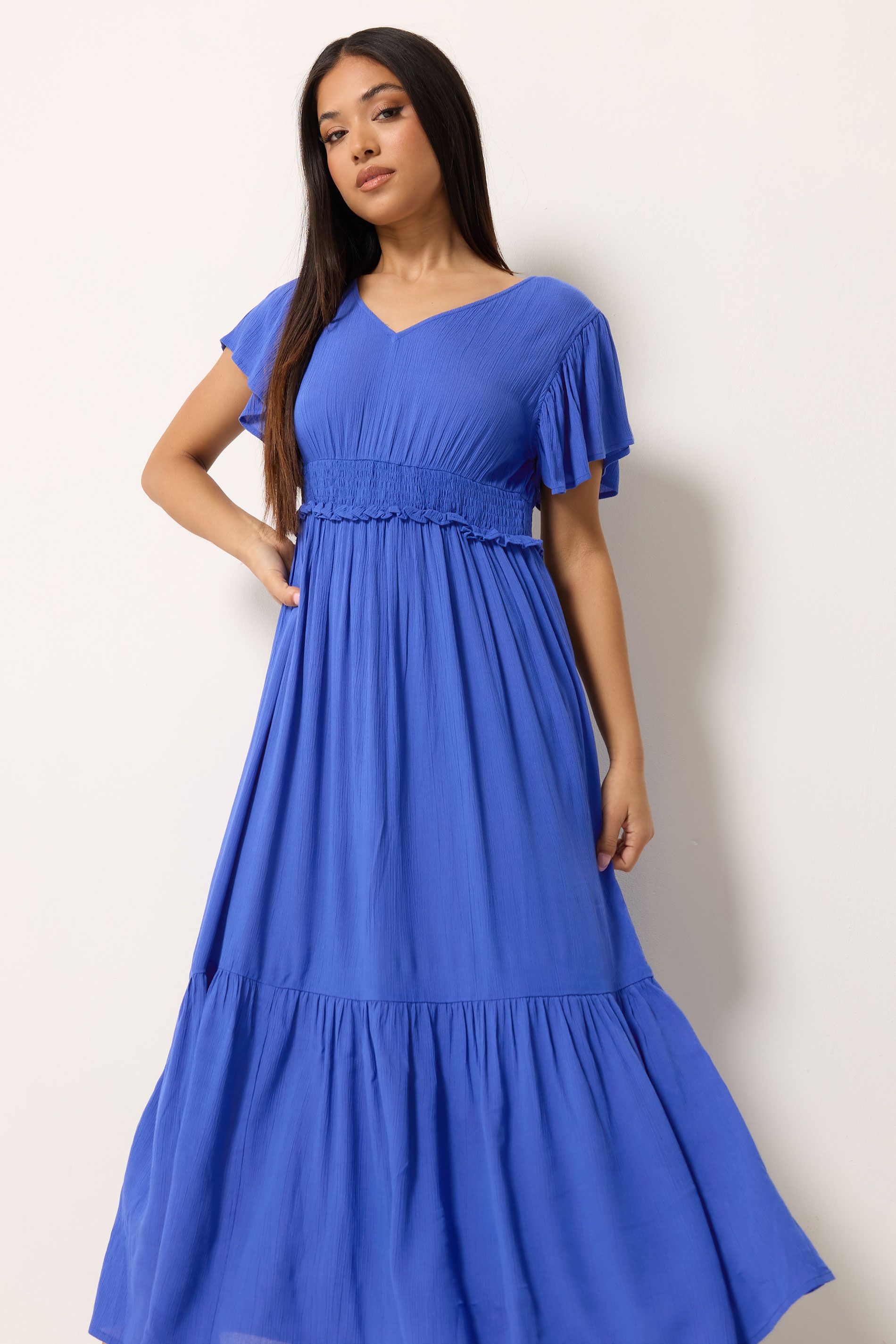 M&co Petite Shirred Waist Maxi Dress In Cobalt