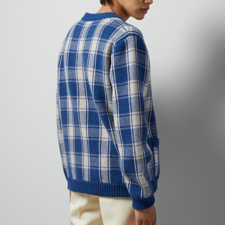 Reversible Checked Wool Cardigan 'Blue Ivory'